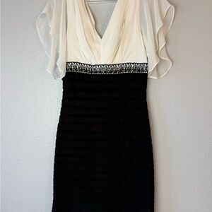 Adrianna Papell Ivory and Black One-Shoulder Illusion Dress